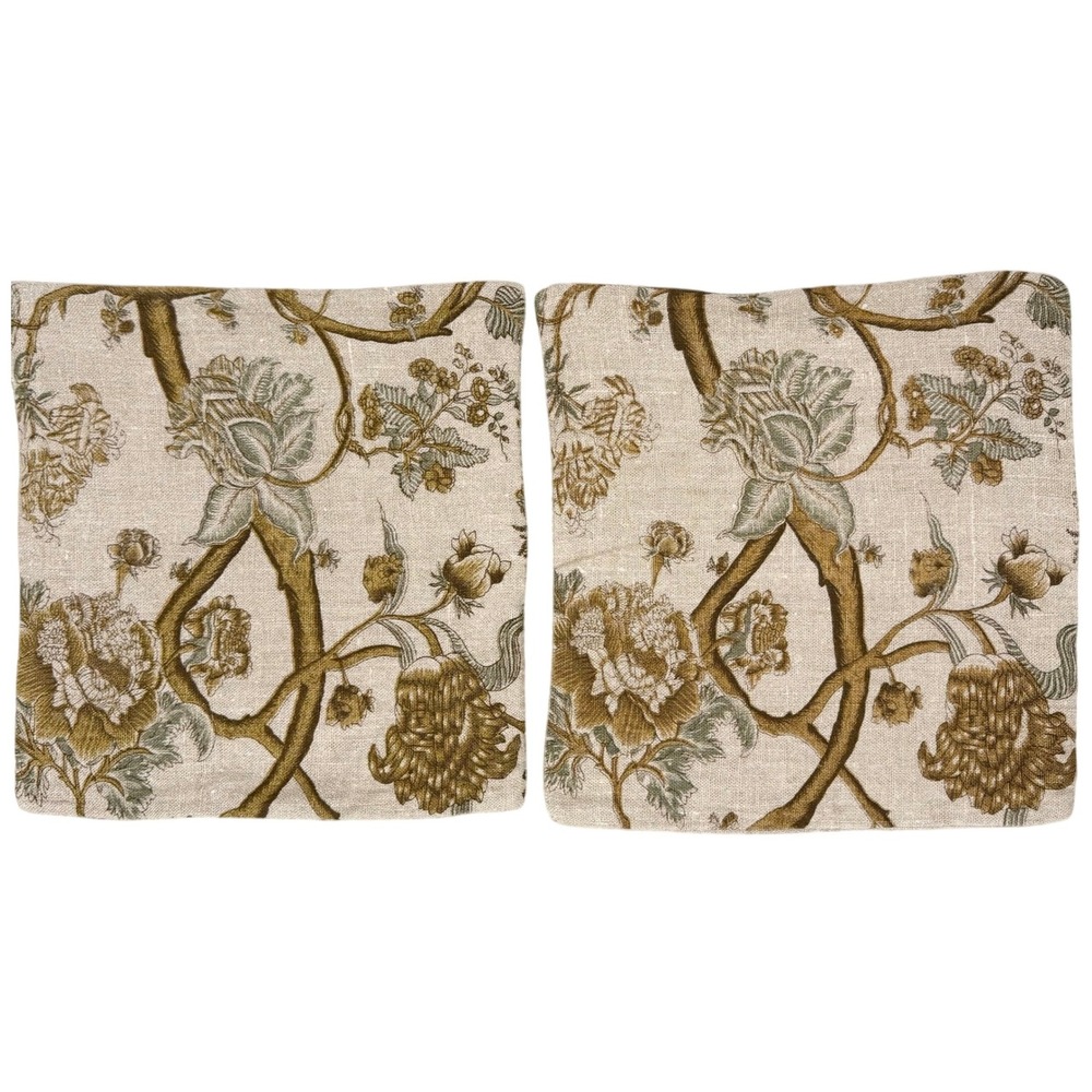 Pottery Barn Botanical Floral Linen Pillow Covers 18x18 Set of 2 Neutral